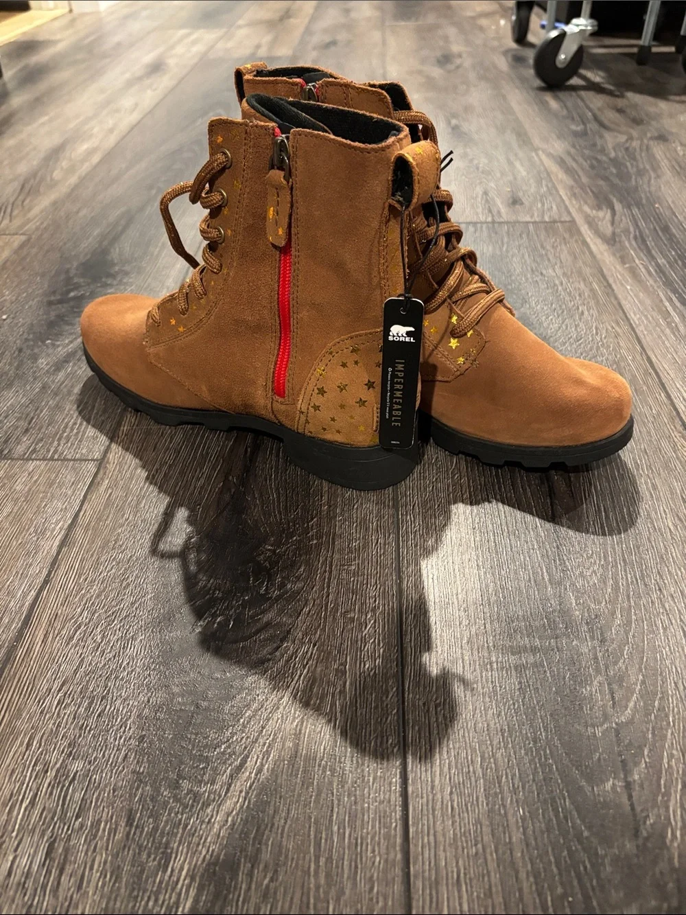 Sorel Kids Tan Suede Lace-Up Boots with Red Side Zipper